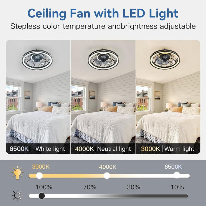 Black Enclosed Ceiling Fan with Lights, Flush Mount Modern Ceiling Fan and Remote Control, Fandelier Ceiling Fan, Dimmable LED Fan Light-3-ErisView