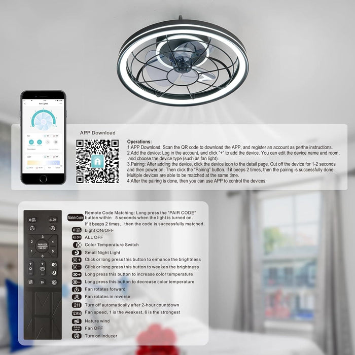 Black Enclosed Ceiling Fan with Lights, Flush Mount Modern Ceiling Fan and Remote Control, Fandelier Ceiling Fan, Dimmable LED Fan Light-4-ErisView