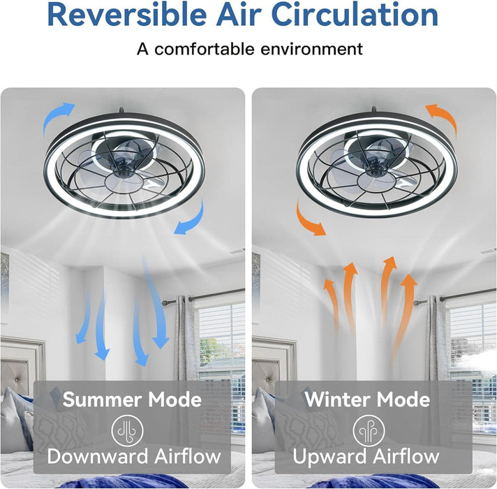 Black Enclosed Ceiling Fan with Lights, Flush Mount Modern Ceiling Fan and Remote Control, Fandelier Ceiling Fan, Dimmable LED Fan Light-6-ErisView