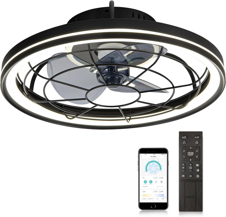 Black Enclosed Ceiling Fan with Lights, Flush Mount Modern Ceiling Fan and Remote Control, Fandelier Ceiling Fan, Dimmable LED Fan Light-1-ErisView