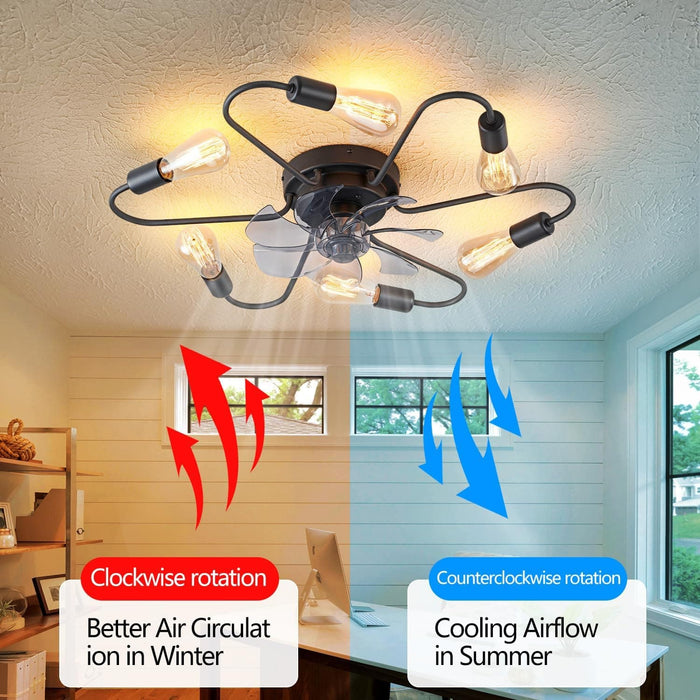 Black Industrial Ceiling Fans with Dimmable Lights and Remote, Modern Sputnik Low Profile Semi Flush Mount Ceiling Fan for Kitchen Bedroom Living Room-2-ErisView