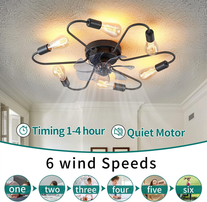 Black Industrial Ceiling Fans with Dimmable Lights and Remote, Modern Sputnik Low Profile Semi Flush Mount Ceiling Fan for Kitchen Bedroom Living Room-3-ErisView