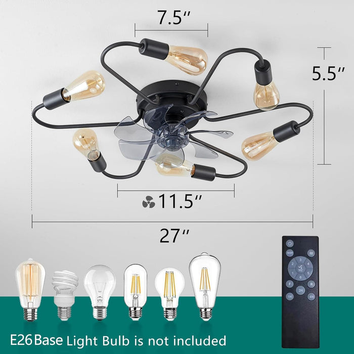 Black Industrial Ceiling Fans with Dimmable Lights and Remote, Modern Sputnik Low Profile Semi Flush Mount Ceiling Fan for Kitchen Bedroom Living Room-4-ErisView