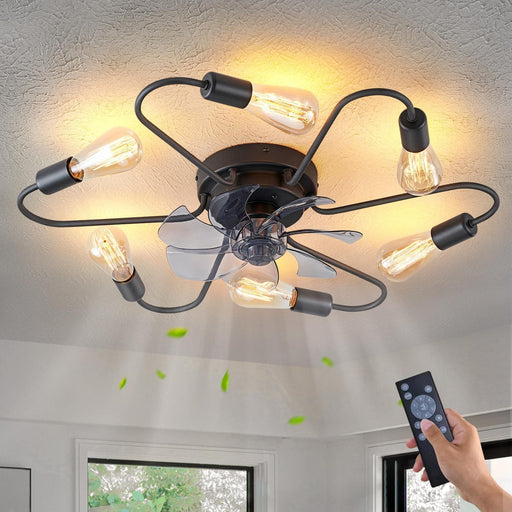 Black Industrial Ceiling Fans with Dimmable Lights and Remote, Modern Sputnik Low Profile Semi Flush Mount Ceiling Fan for Kitchen Bedroom Living Room-1-ErisView