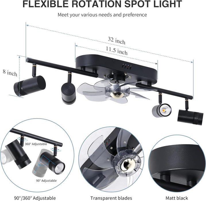 Black Modern Ceiling Fan with Light and Remote Control, Reversible LED Ceiling Fan and Light, Track Lighting for Kitchen Hallway-2-ErisView