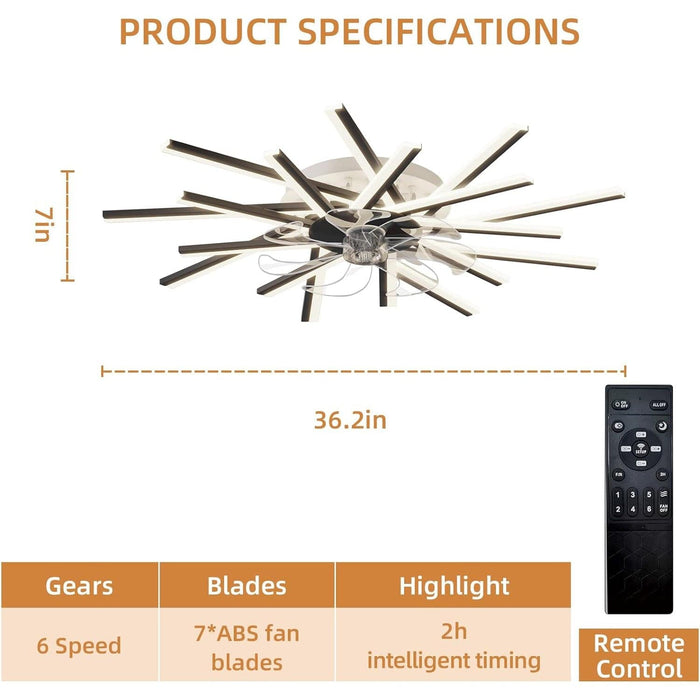 Black Modern Ceiling Fan with Lights, Flush Mount Remote Control Fan APP Control, Dimmable Low Ceiling Fan, Dinging Kitchen Bedroom Ceiling Fans-6-ErisView