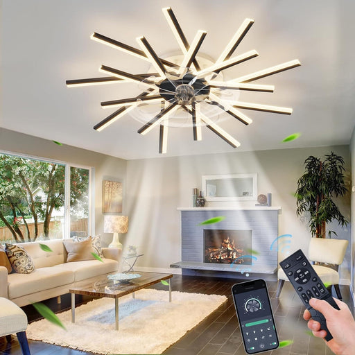 Black Modern Ceiling Fan with Lights, Flush Mount Remote Control Fan APP Control, Dimmable Low Ceiling Fan, Dinging Kitchen Bedroom Ceiling Fans-1-ErisView