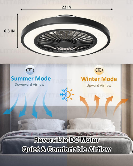 Black Modern Ceiling Fans with Lights and Remote, Enclosed Ceiling Fan, Flush Mount Bladeless Ceiling Fans for Bedroom Living Room Kitchen Dining Room-3-ErisView