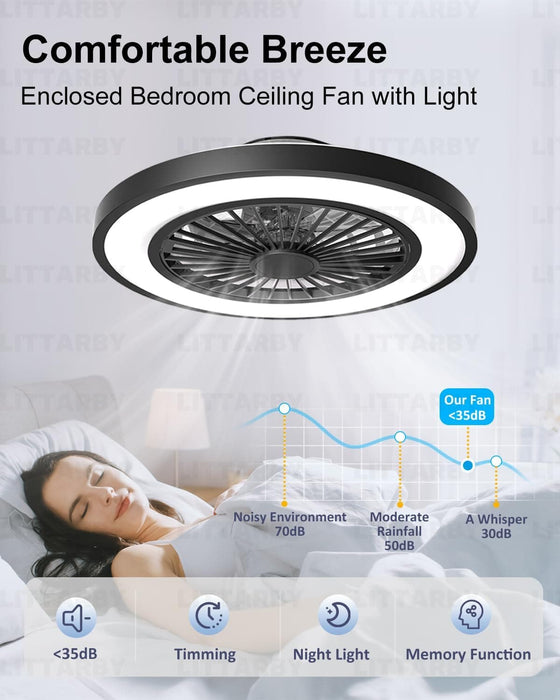 Black Modern Ceiling Fans with Lights and Remote, Enclosed Ceiling Fan, Flush Mount Bladeless Ceiling Fans for Bedroom Living Room Kitchen Dining Room-4-ErisView