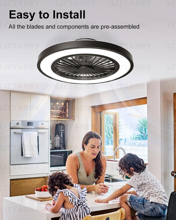 Black Modern Ceiling Fans with Lights and Remote, Enclosed Ceiling Fan, Flush Mount Bladeless Ceiling Fans for Bedroom Living Room Kitchen Dining Room-7-ErisView