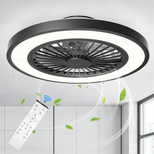 Black Modern Ceiling Fans with Lights and Remote, Enclosed Ceiling Fan, Flush Mount Bladeless Ceiling Fans for Bedroom Living Room Kitchen Dining Room-1-ErisView