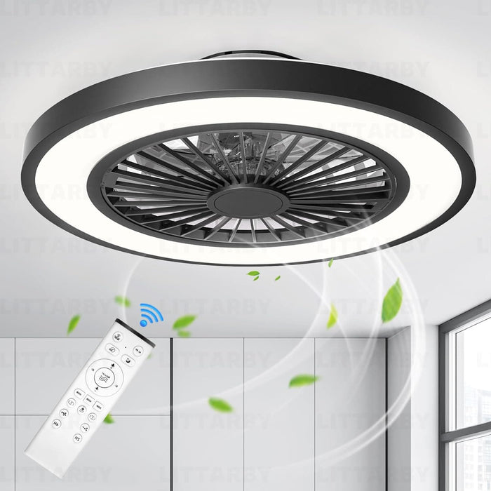 Black Modern Ceiling Fans with Lights and Remote, Enclosed Ceiling Fan, Flush Mount Bladeless Ceiling Fans for Bedroom Living Room Kitchen Dining Room-1-ErisView