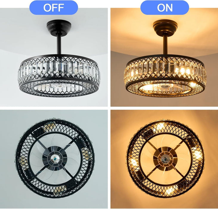 Black Modern Crystal Bladeless Ceiling Fan with Light and Remote, Low Profile Enclosed Ceiling Fan for Living Room, Reversible Fan for Summer Winter-3-ErisView
