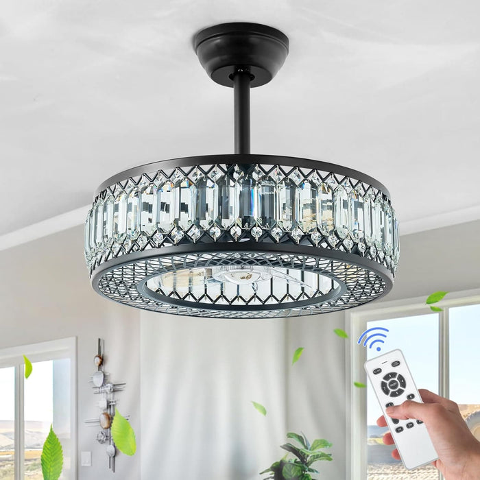 Black Modern Crystal Bladeless Ceiling Fan with Light and Remote, Low Profile Enclosed Ceiling Fan for Living Room, Reversible Fan for Summer Winter-9-ErisView