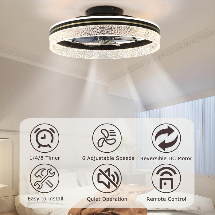 Black Modern Flush Mount Ceiling Fan with Lights and Remote, Low Profile Ceiling Fan without Blades for Bedroom Living Room Kitchen-2-ErisView