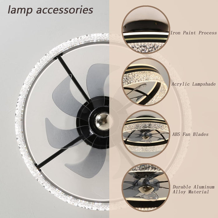 Black Modern Flush Mount Ceiling Fan with Lights and Remote, Low Profile Ceiling Fan without Blades for Bedroom Living Room Kitchen-6-ErisView