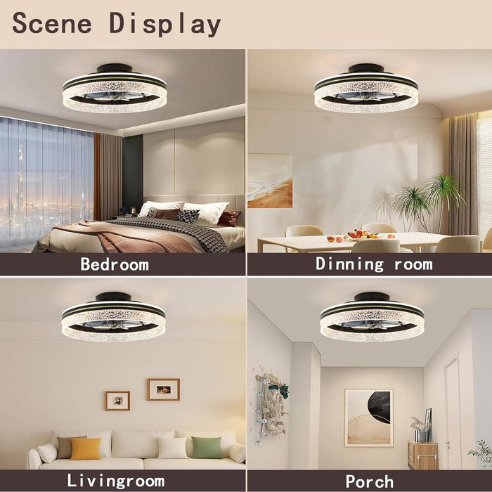 Black Modern Flush Mount Ceiling Fan with Lights and Remote, Low Profile Ceiling Fan without Blades for Bedroom Living Room Kitchen-8-ErisView