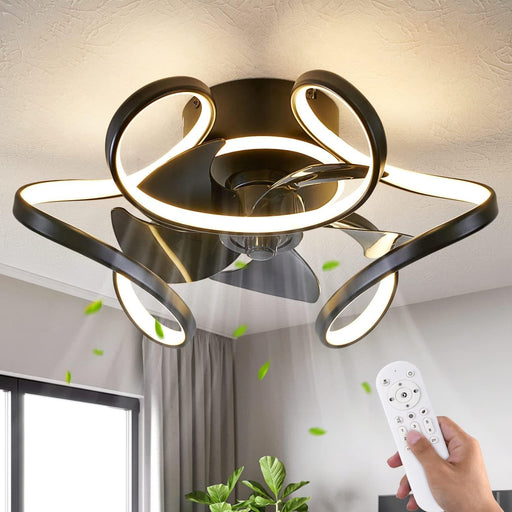 Black Remote Control Ceiling Fan and Light, Geometric Low Profile Flush Mount Ceiling Fan without Blades for Kitchen Bedroom Living Room-1-ErisView