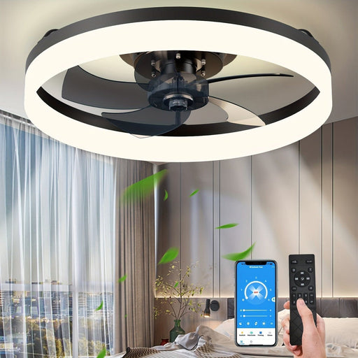 Black Round LED Ceiling Fan with Light and Remote Control, Flush Mount Dimmable Reversible Ceiling Fan for Bedroom Living Room Dining Room-15.7 in.-ErisView