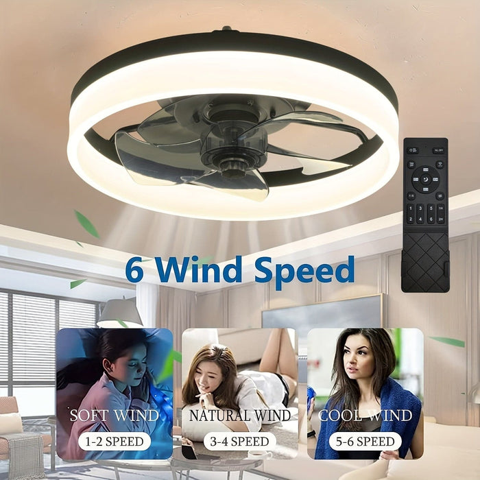 Black Round LED Ceiling Fan with Light and Remote Control, Flush Mount Dimmable Reversible Ceiling Fan for Bedroom Living Room Dining Room-ErisView