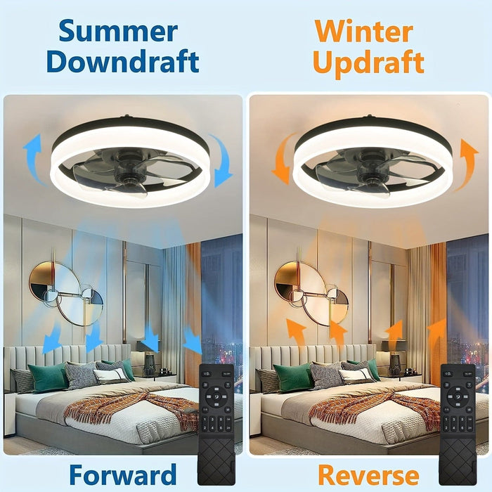 Black Round LED Ceiling Fan with Light and Remote Control, Flush Mount Dimmable Reversible Ceiling Fan for Bedroom Living Room Dining Room-ErisView
