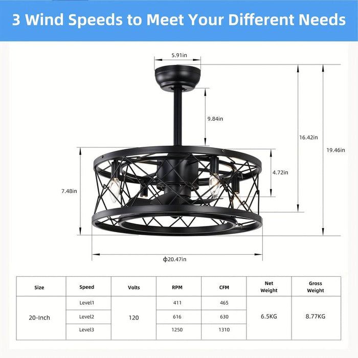 Black Small Low Noise Ceiling Fan, Modern Farmhouse Enclosed Reversible Ceiling Fan for Bedroom Living Room-ErisView