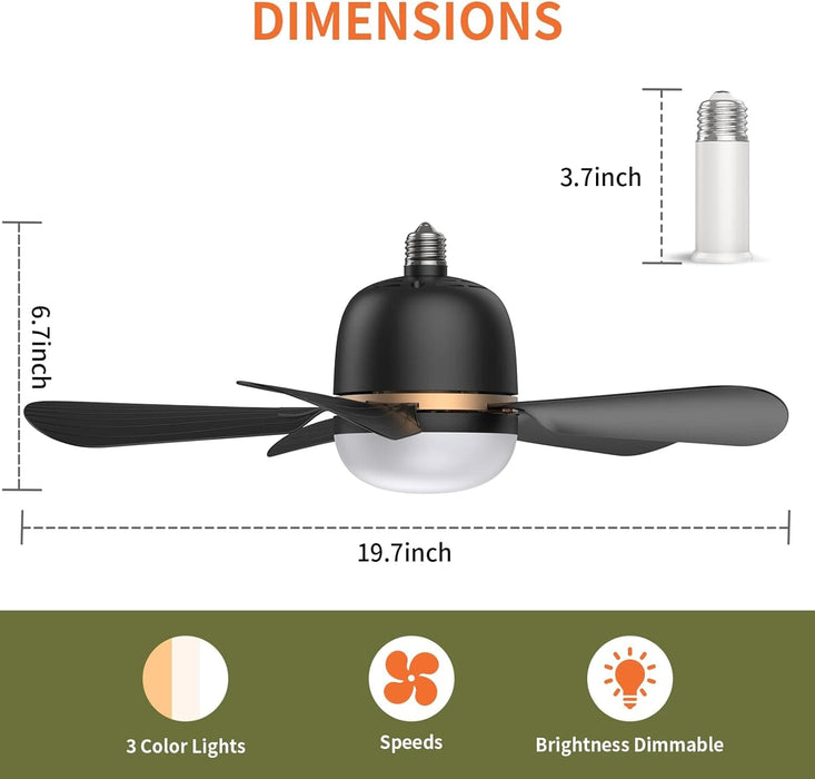 Black Socket Fan Light, Screw In Ceiling Fans with Light and Remote for Garage Bedroom Kitchen, Small Living Room Fan, Bathroom Ceiling Fan with Light-2-ErisView