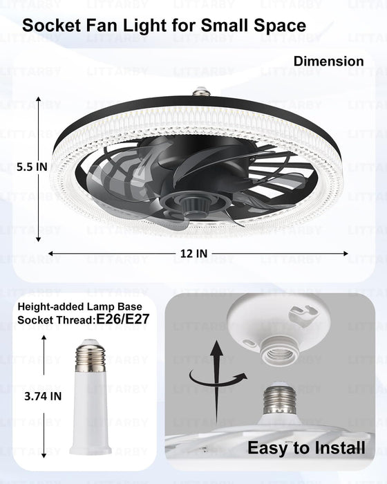 Black Socket Fan Light with Remote, Modern Flush Mount Low Profile Ceiling Fan for Bedroom Living Room Kitchen -3-ErisView