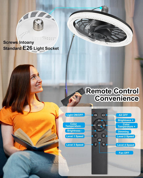 Black Socket Fan Light with Remote, Modern Flush Mount Low Profile Ceiling Fan for Bedroom Living Room Kitchen -5-ErisView