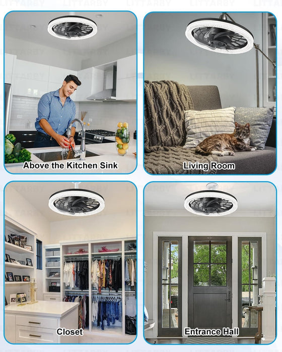Black Socket Fan Light with Remote, Modern Flush Mount Low Profile Ceiling Fan for Bedroom Living Room Kitchen -7-ErisView