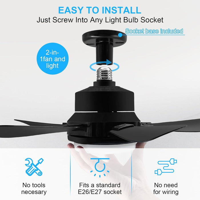 Black Socket Fan Light with Remote, Small Ceiling Fan with Lights, Screw In Ceiling Fan for Bedroom Living Room Kitchen, Garage Ceiling Fan -2-ErisView