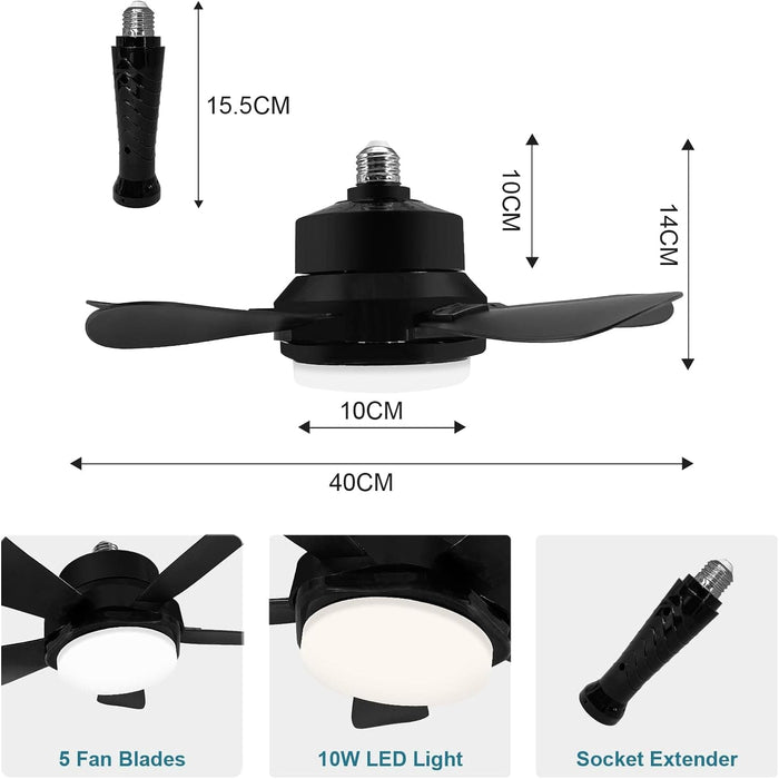 Black Socket Fan Light with Remote, Small Ceiling Fan with Lights, Screw In Ceiling Fan for Bedroom Living Room Kitchen, Garage Ceiling Fan -7-ErisView