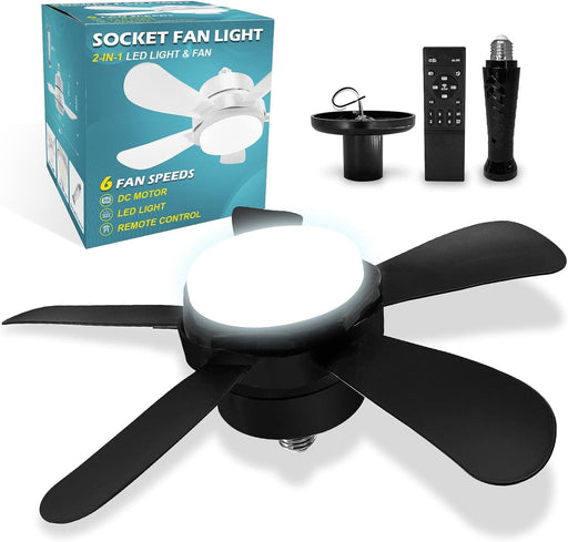 Black Socket Fan Light with Remote, Small Ceiling Fan with Lights, Screw In Ceiling Fan for Bedroom Living Room Kitchen, Garage Ceiling Fan -1-ErisView