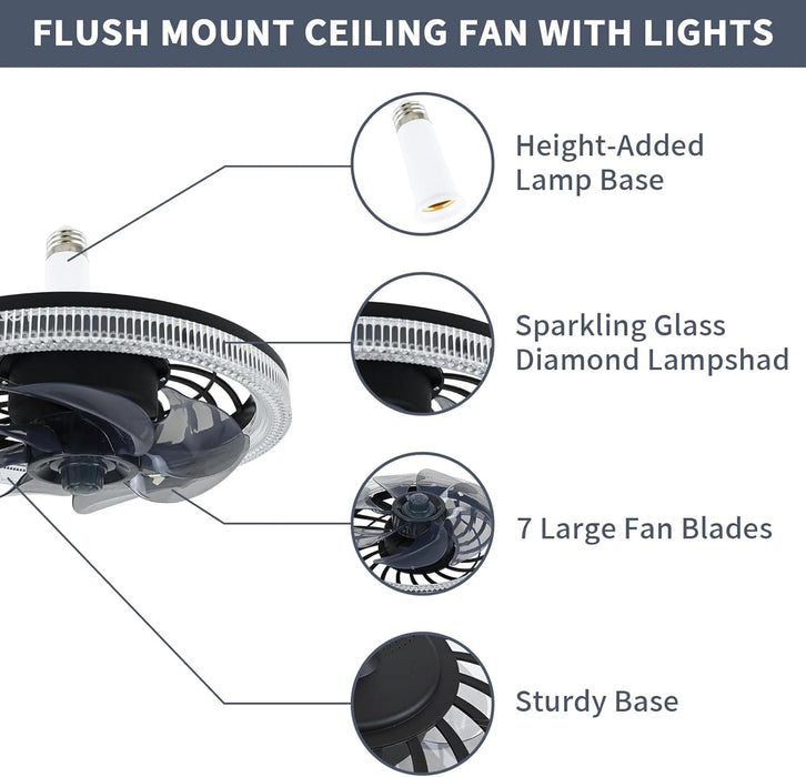 Black Socket Remote Control Ceiling Fan and Light, Flush Mount Low Profile Ceiling Fan, Dimmable Modern Fan, Bedroom Ceiling Fans-9-ErisView