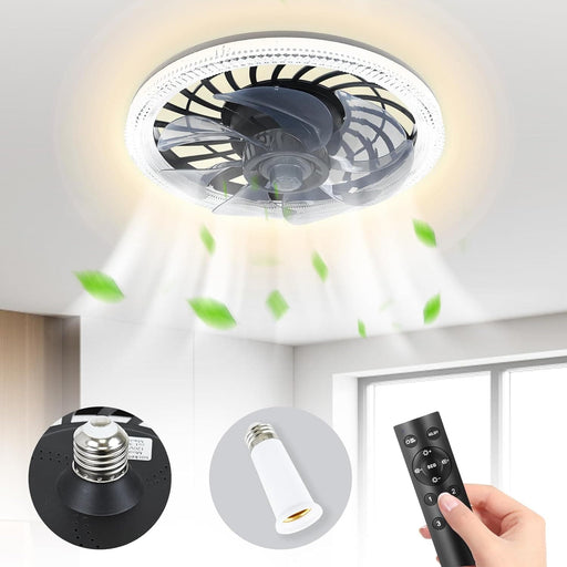 Black Socket Remote Control Ceiling Fan and Light, Flush Mount Low Profile Ceiling Fan, Dimmable Modern Fan, Bedroom Ceiling Fans-1-ErisView