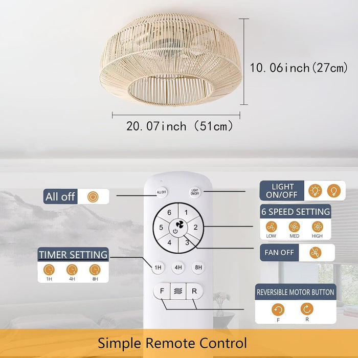 Boho Caged Ceiling Fan with Lights and Remote, Flush Mount Rattan Ceiling Fan for Bedroom Living Room Balcony, Retro Reversible Fan for Summer Winter-3-ErisView