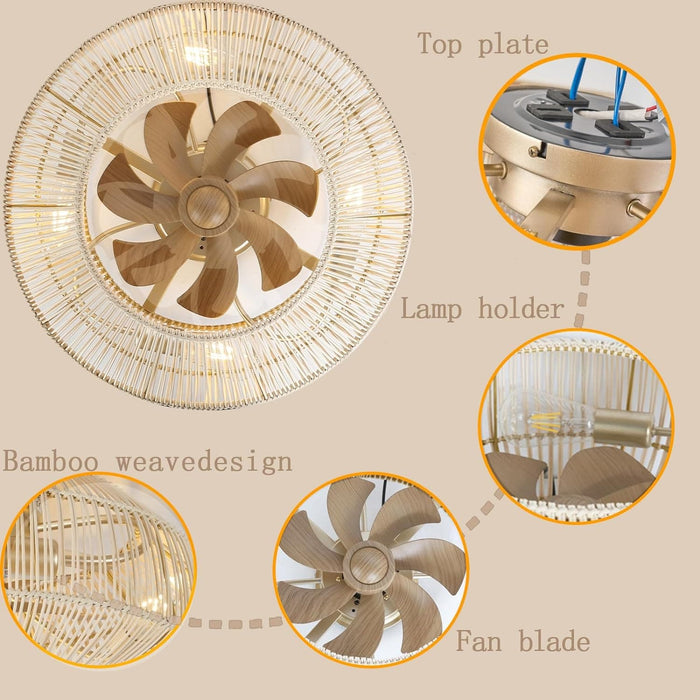 Boho Caged Ceiling Fan with Lights and Remote, Flush Mount Rattan Ceiling Fan for Bedroom Living Room Balcony, Retro Reversible Fan for Summer Winter-4-ErisView