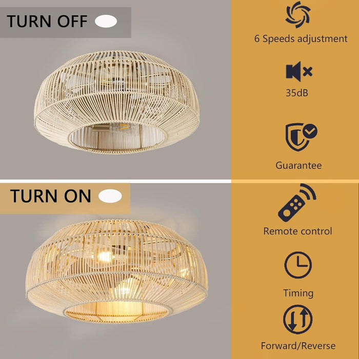 Boho Caged Ceiling Fan with Lights and Remote, Flush Mount Rattan Ceiling Fan for Bedroom Living Room Balcony, Retro Reversible Fan for Summer Winter-5-ErisView