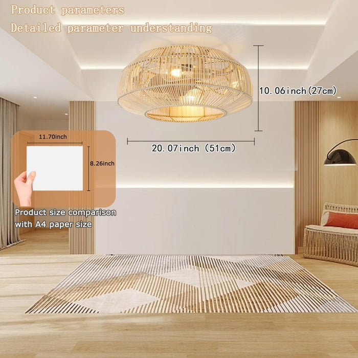 Boho Caged Ceiling Fan with Lights and Remote, Flush Mount Rattan Ceiling Fan for Bedroom Living Room Balcony, Retro Reversible Fan for Summer Winter-7-ErisView
