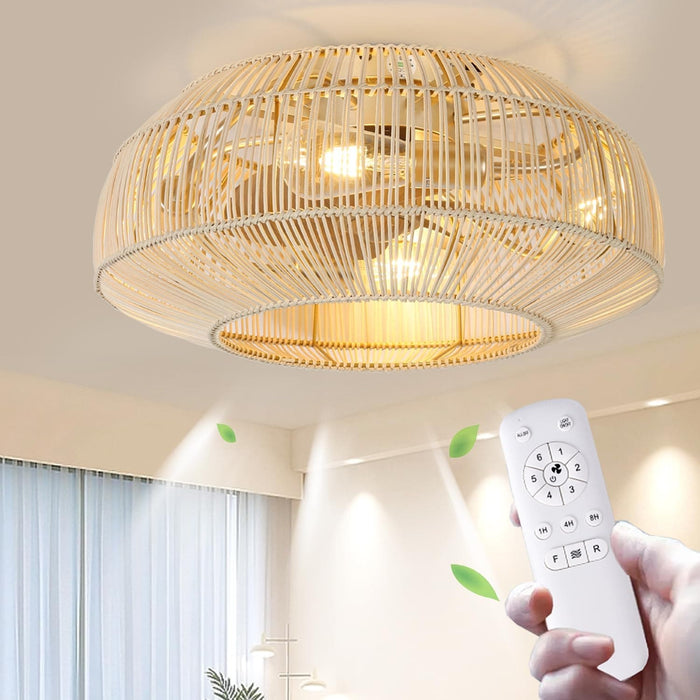 Boho Caged Ceiling Fan with Lights and Remote, Flush Mount Rattan Ceiling Fan for Bedroom Living Room Balcony, Retro Reversible Fan for Summer Winter-1-ErisView