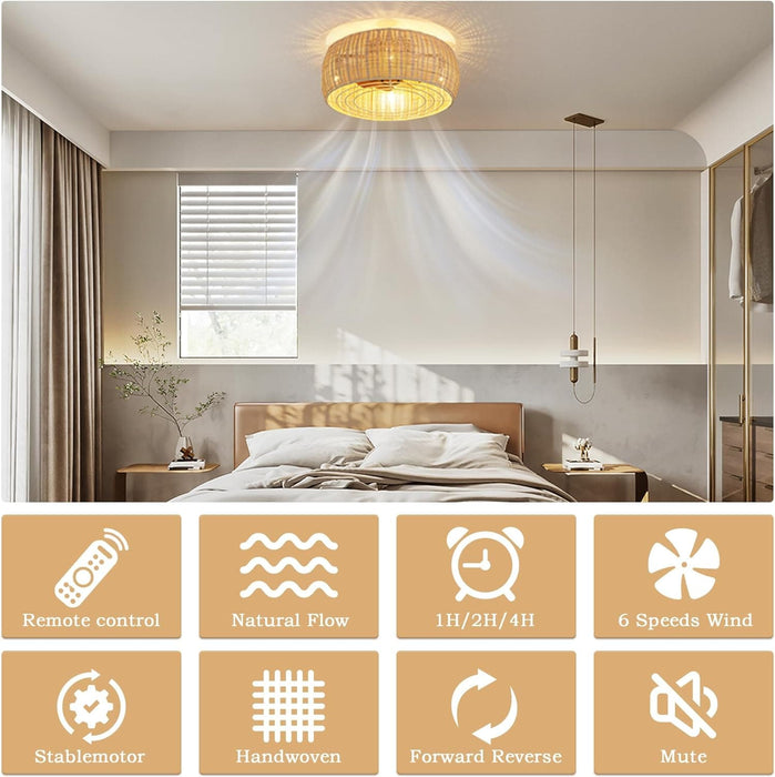 Boho Flush Mount Ceiling Fan with Lights and Remote, Low Profile Caged Enclosed Bamboo Rattan Ceiling Fan for Bedroom Living Room-2-ErisView