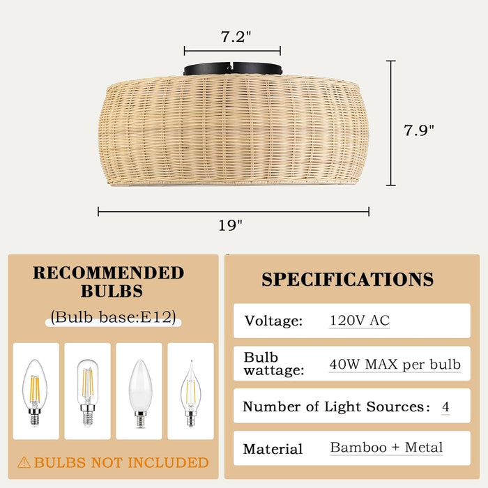 Boho Flush Mount Ceiling Fan with Lights and Remote, Low Profile Caged Enclosed Bamboo Rattan Ceiling Fan for Bedroom Living Room-7-ErisView