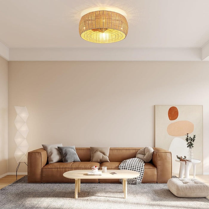 Boho Flush Mount Ceiling Fan with Lights and Remote, Low Profile Caged Enclosed Bamboo Rattan Ceiling Fan for Bedroom Living Room-8-ErisView