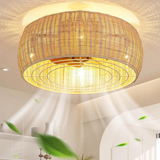 Boho Flush Mount Ceiling Fan with Lights and Remote, Low Profile Caged Enclosed Bamboo Rattan Ceiling Fan for Bedroom Living Room-1-ErisView