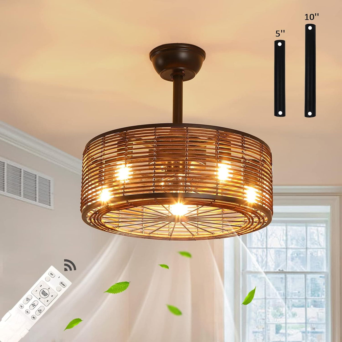 Boho Rattan Ceiling Fan with Light, Small Caged Ceiling Fan with Remot ...