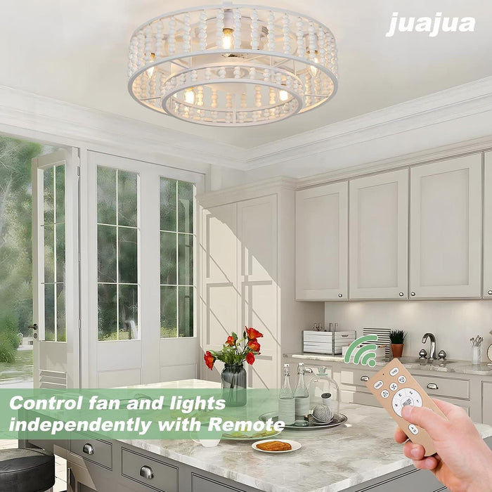 Boho Wood Beaded Remote Ceiling Fan with Light, Boho Caged Reversible Flush Mount Ceiling Fans for Bedroom Kitchen Dining Room-3-ErisView