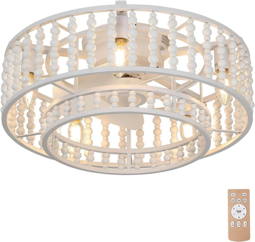Boho Wood Beaded Remote Ceiling Fan with Light, Boho Caged Reversible Flush Mount Ceiling Fans for Bedroom Kitchen Dining Room-1-ErisView