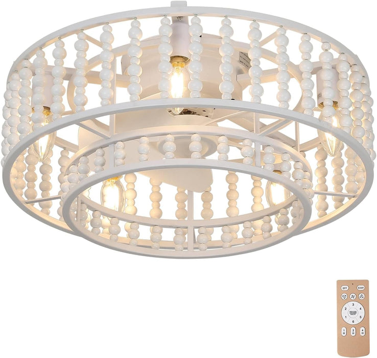 Boho Wood Beaded Remote Ceiling Fan with Light, Boho Caged Reversible Flush Mount Ceiling Fans for Bedroom Kitchen Dining Room-1-ErisView