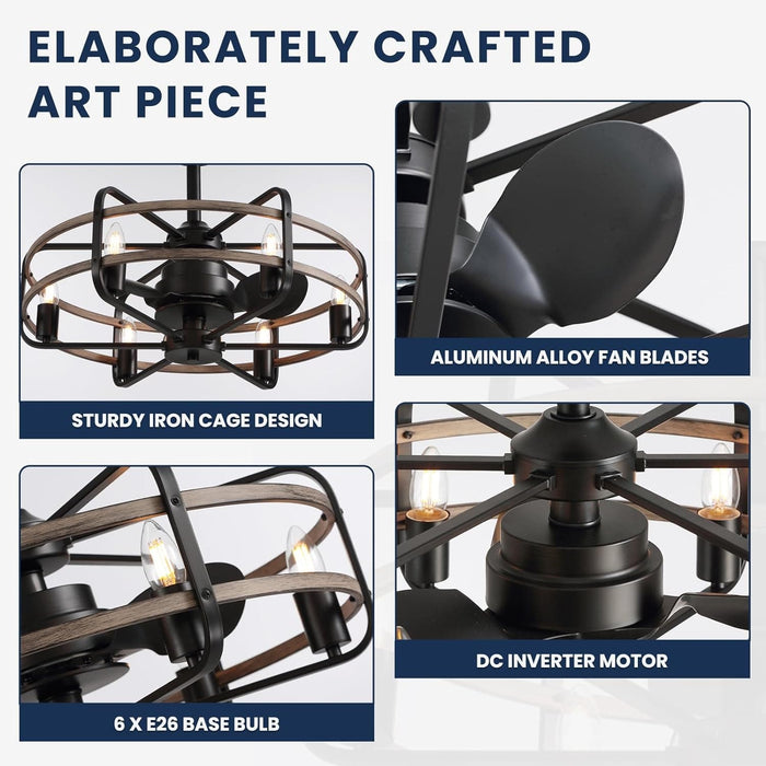 Caged Ceiling Fan with Light Remote, Vintage Industrial Ceiling Fans Fandelier for Bedroom, Bladeless Ceiling Fans Chandelier for Living Room Dining Room-3-ErisView