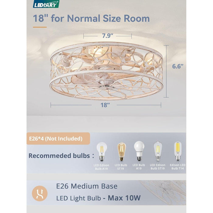 Caged Ceiling Fan with Lights, White Flush Mount Remote Control Fan, Small Low Profile Bladeless Ceiling Fan Light Fixture for Bedroom Kitchen Dining Room -5-ErisView
